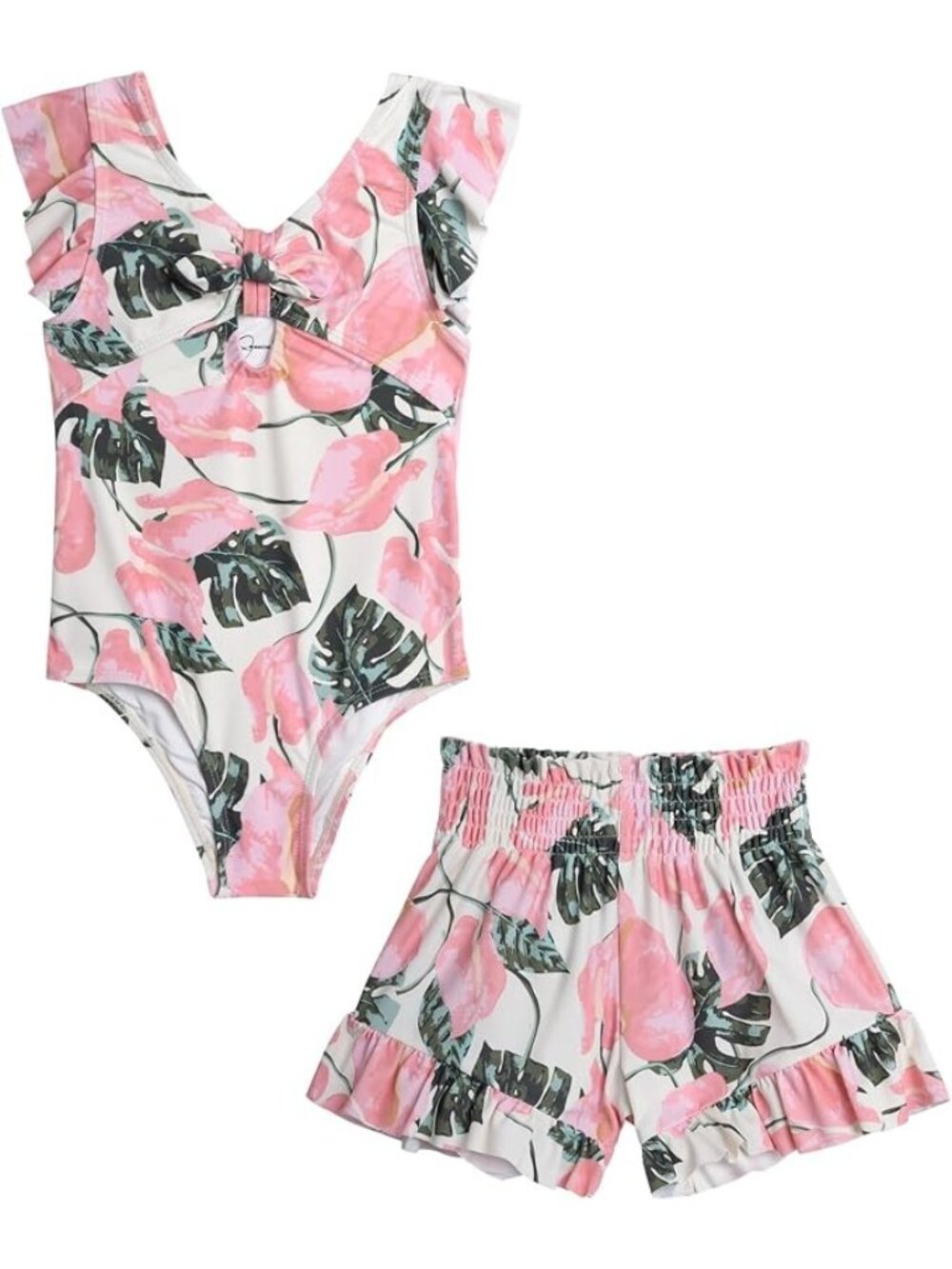 Jessica Simpson Girls Tropical Leaf Print One-Piece Swimsuit Ruffle Shorts Set S